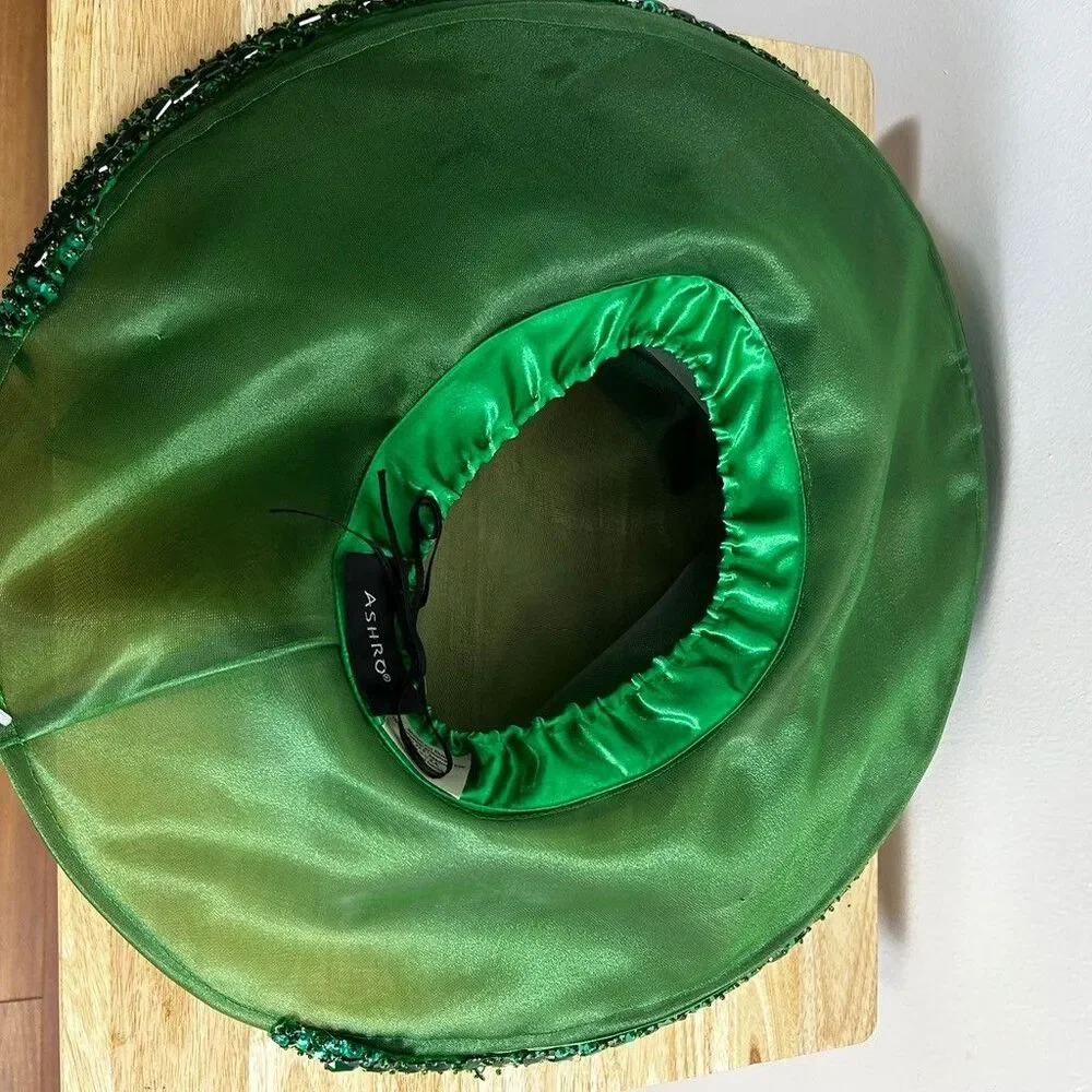 Ashro Womens Green Organza Church Hat Wide Brim Feather Beaded Trim Kentucky
